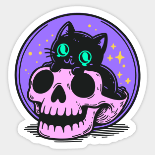 Black kitten sit in skull Sticker